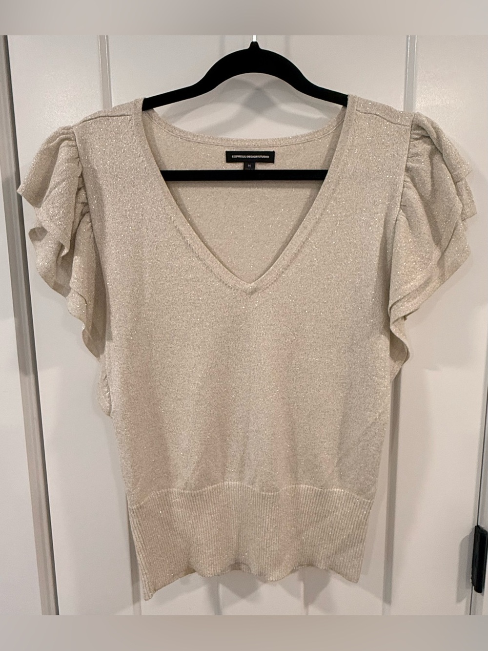 Express Gold Sparkle V-Neck Ruffle Sleeve Top
